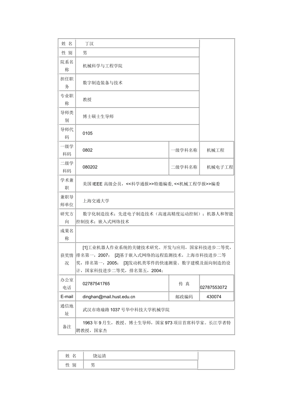 华中科技大学机械学院导师介绍及联系方式_第1页