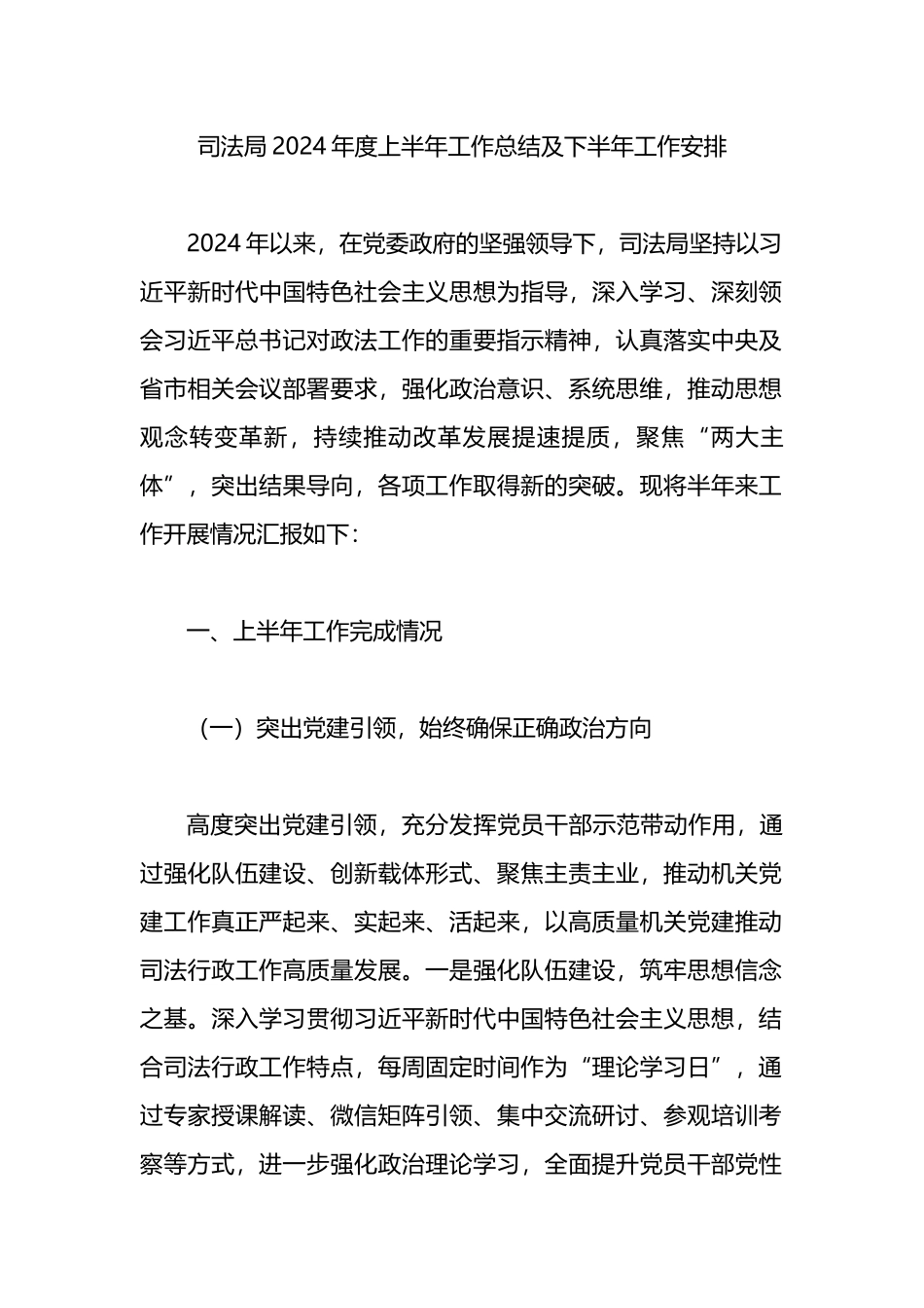 司法局2024年度上半年工作总结及下半年工作安排_第1页