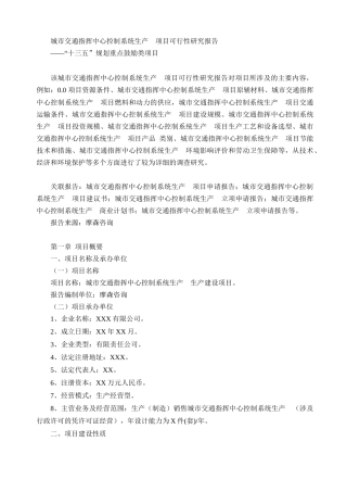 城市交通指挥中心控制系统生产项目可行性研究报告