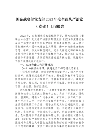 国企战略部党支部2023年度全面从严治党（党建）工作报告