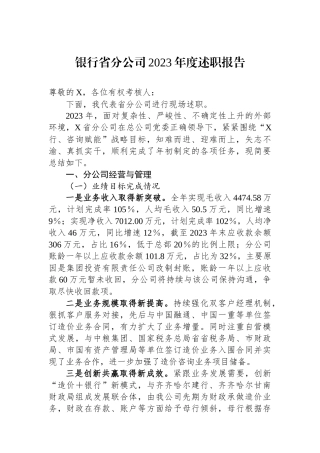 银行省分公司2023年度述职报告