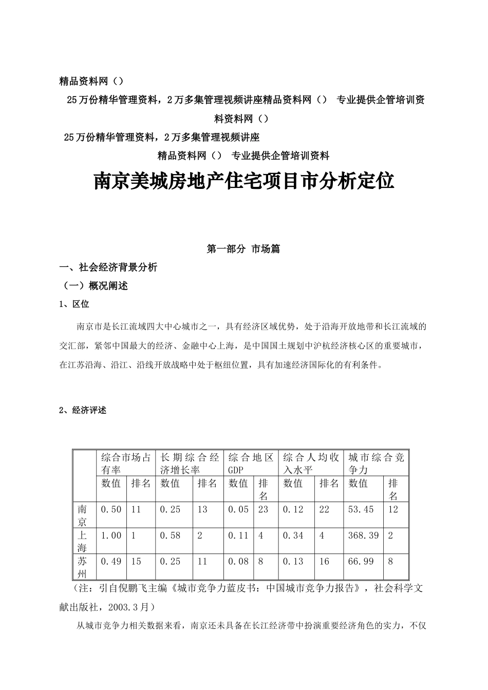 南京美城房地产住宅项目市分析定位_第1页
