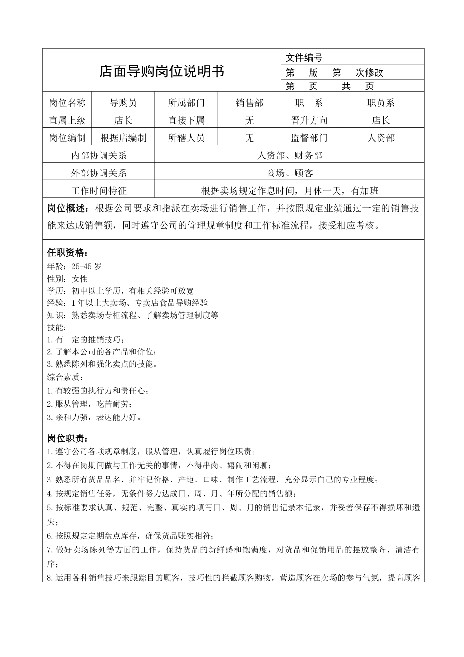商业零售代理商公司的岗位说明书_第1页