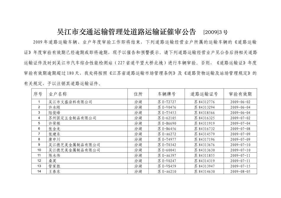 吴江市交通运输管理处道路运输证催审公告_第1页