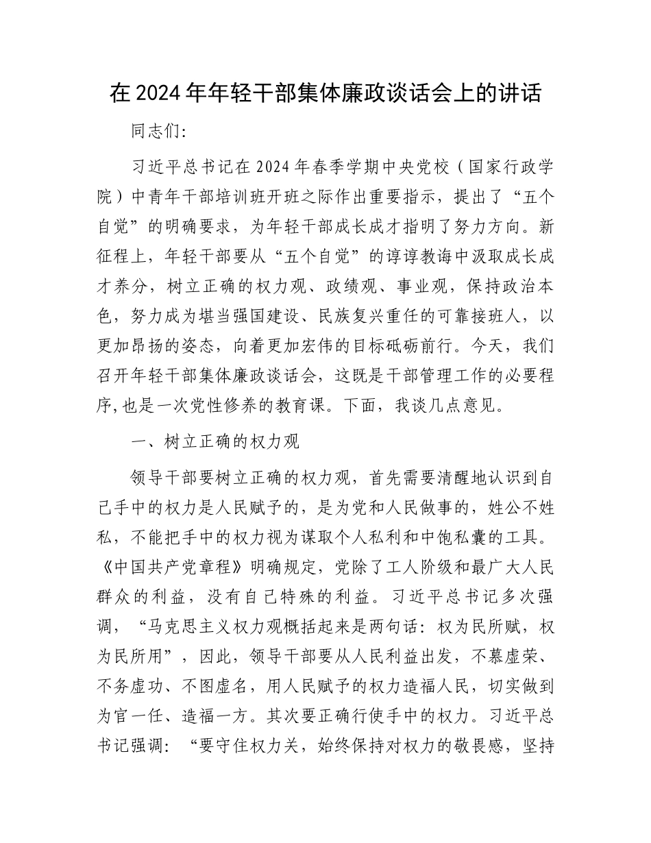 在2024年年轻干部集体廉政谈话会上的讲话_第1页