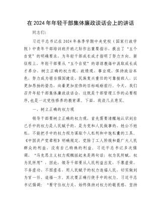 在2024年年轻干部集体廉政谈话会上的讲话