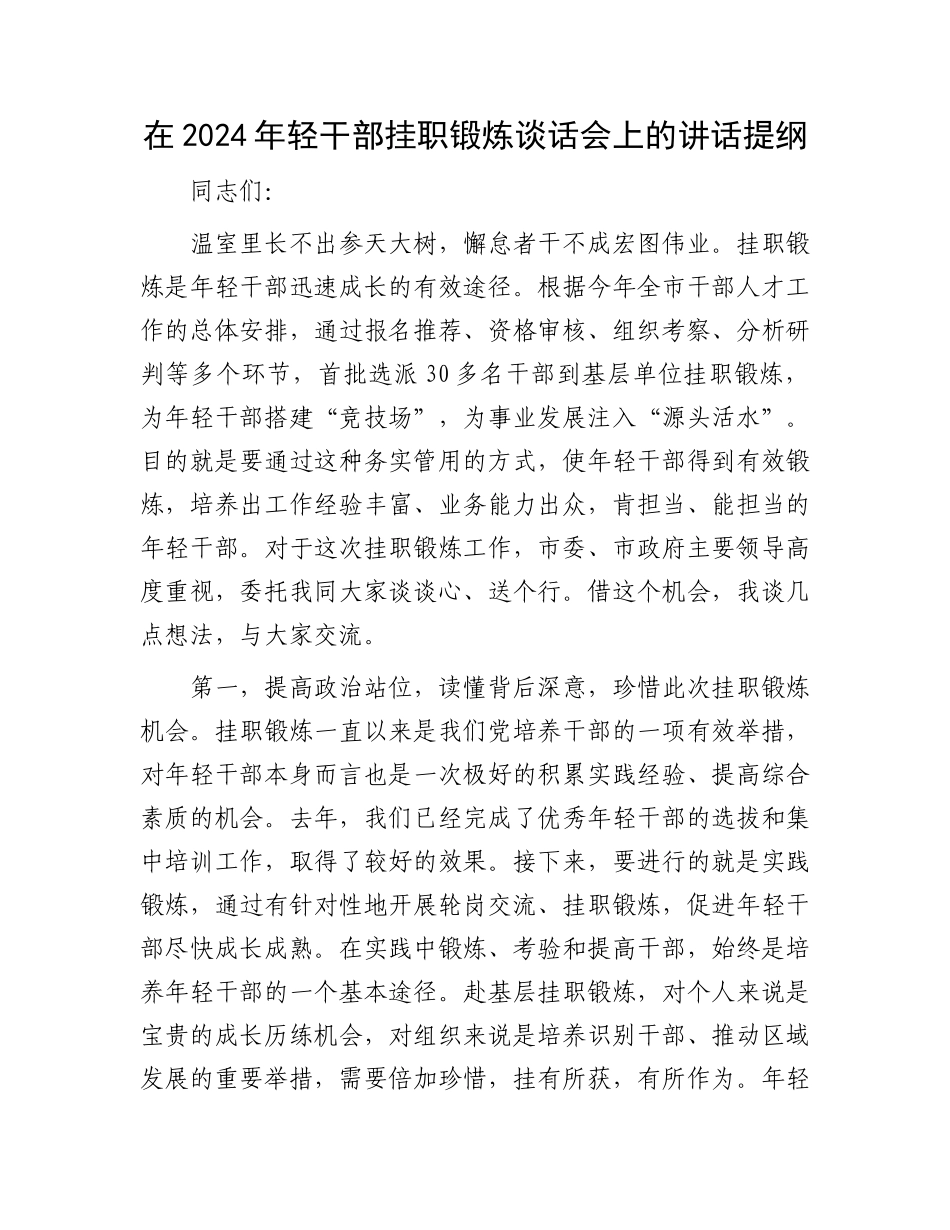 在2024年轻干部挂职锻炼谈话会上的讲话提纲_第1页