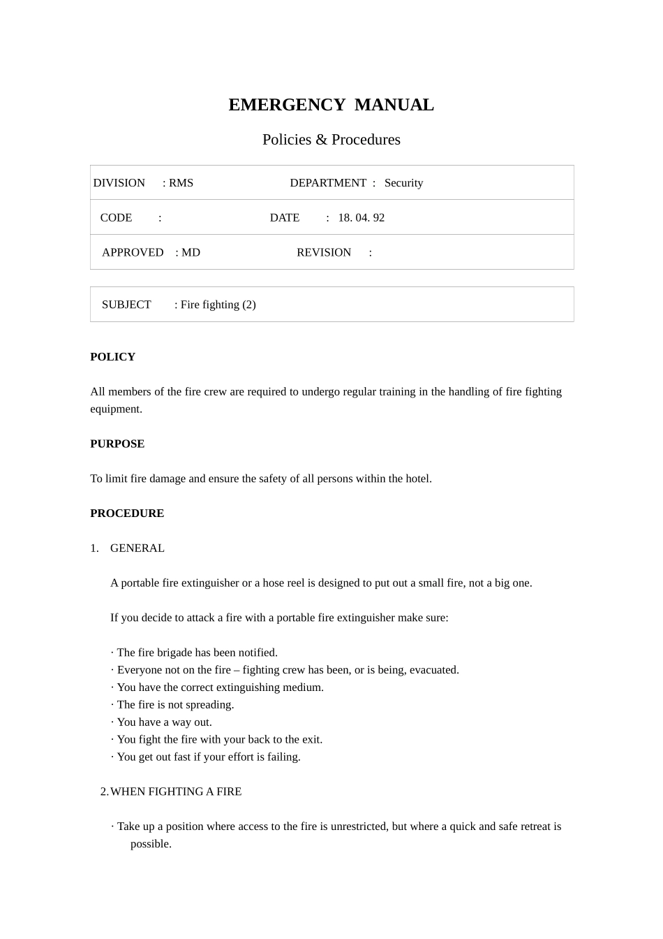 国际著名酒店安全部程序（英文） Fire Fighting_第1页