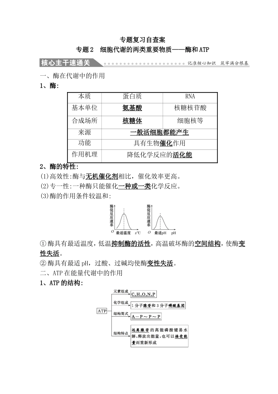 专题复习自查案 专题 细胞代谢的两类重要物质——酶和ATP_第1页