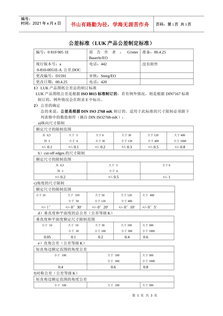 公差标准(LUK产品公差制定标准)_第1页