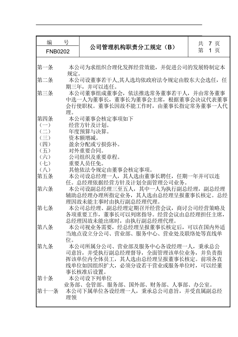 公司管理机构职责分工规定B_第1页