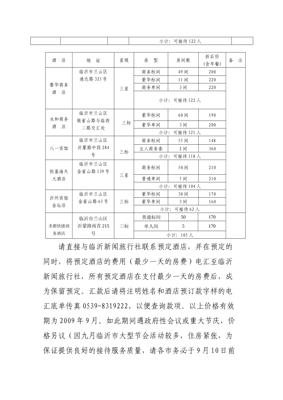 山东省第十二届广告节酒店及旅游安排情况表_第2页