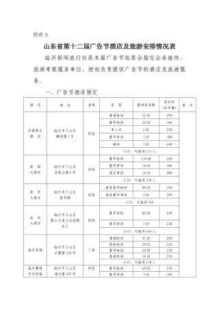 山东省第十二届广告节酒店及旅游安排情况表