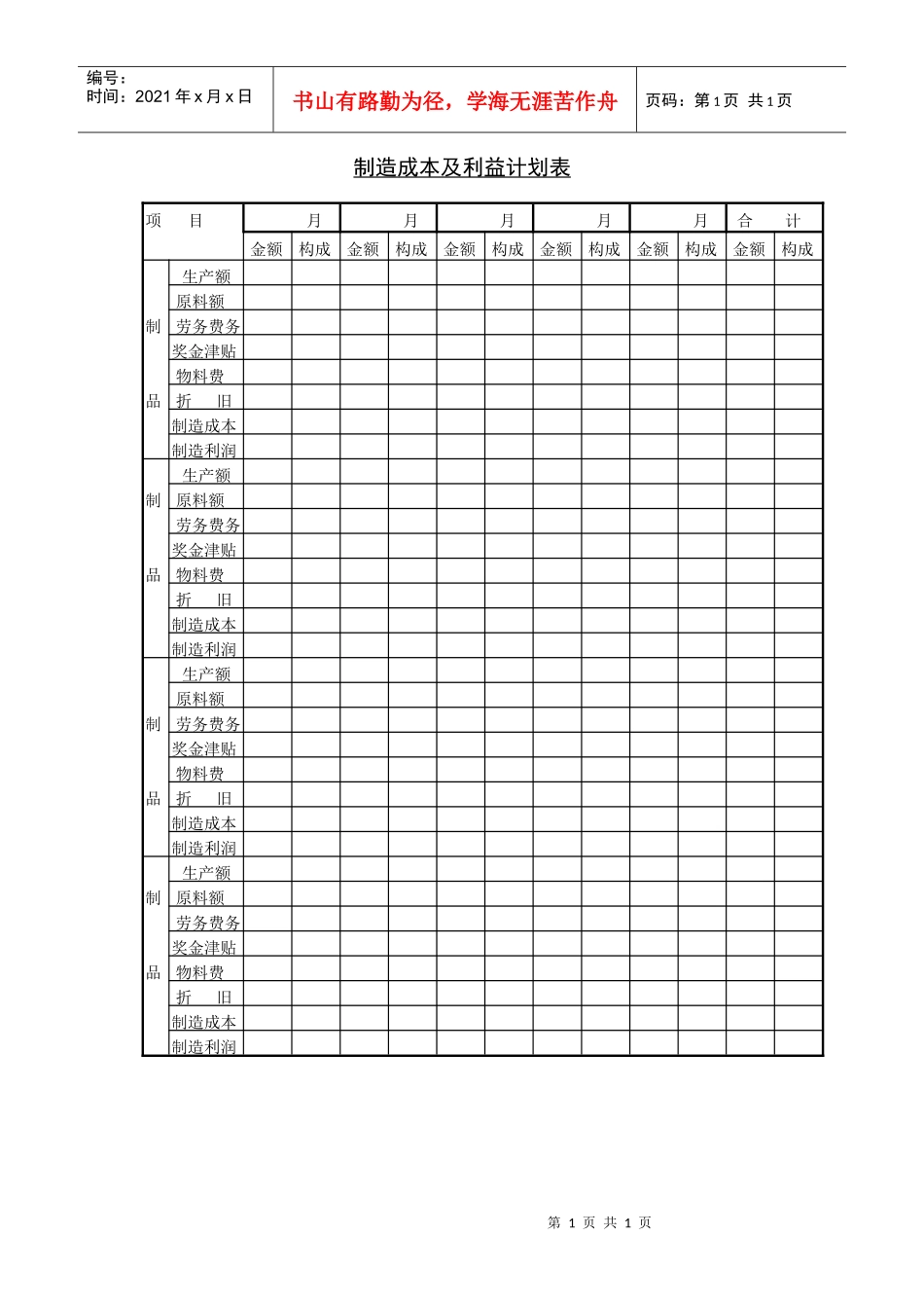 制造成本及利益计划表_第1页