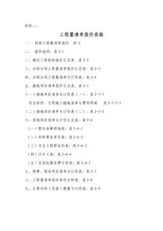 工程量清单的表格