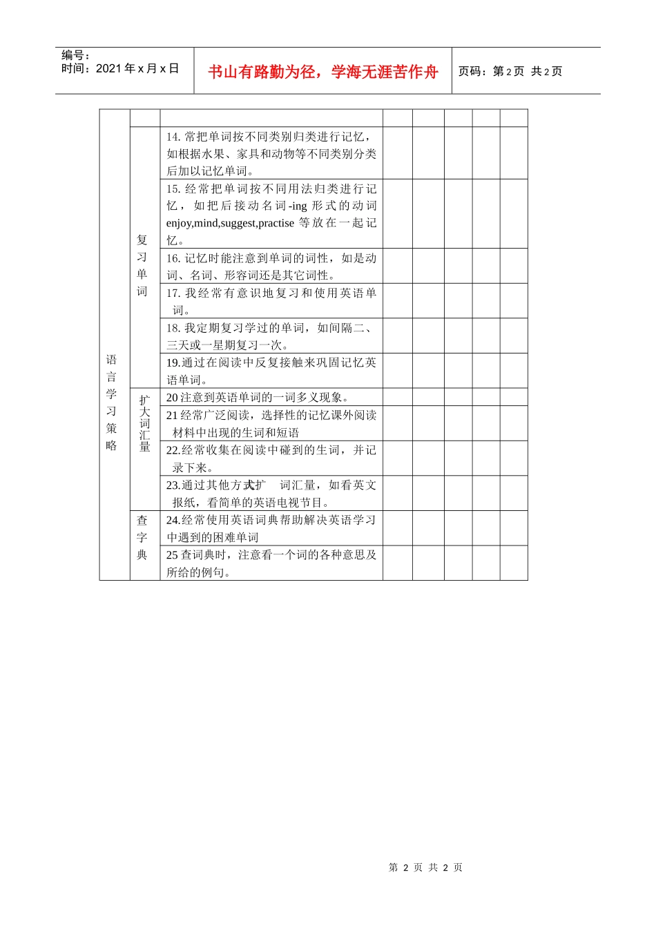 初中英语词汇学习策略问卷调查表_第2页