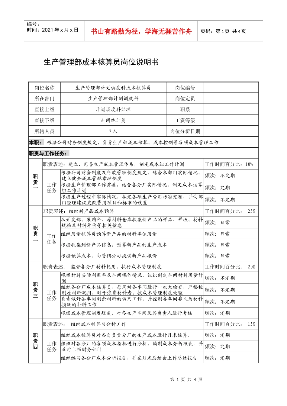 制鞋企业生产管理部成本核算员岗位说明书_第1页
