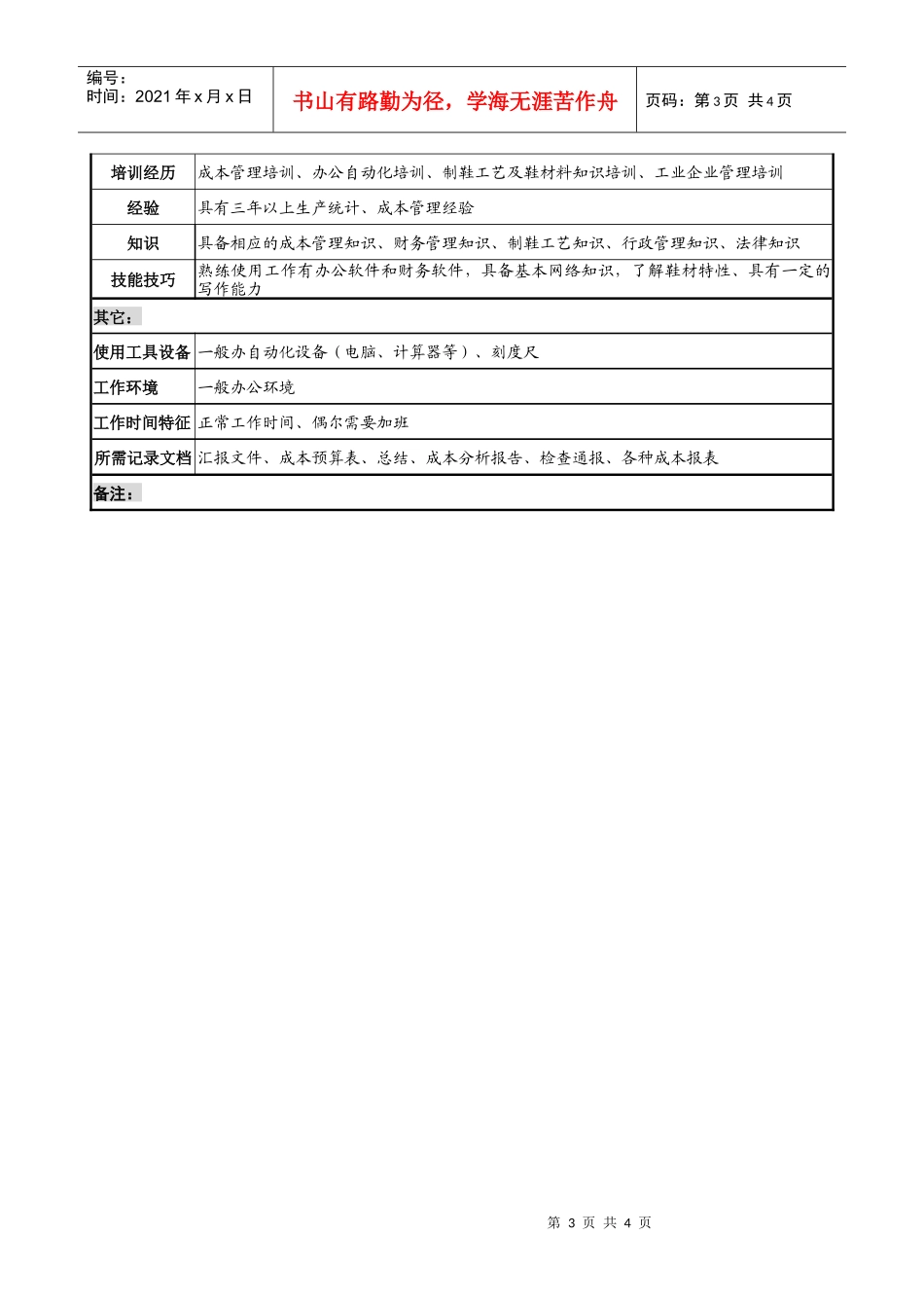 制鞋企业生产管理部成本核算员岗位说明书_第3页