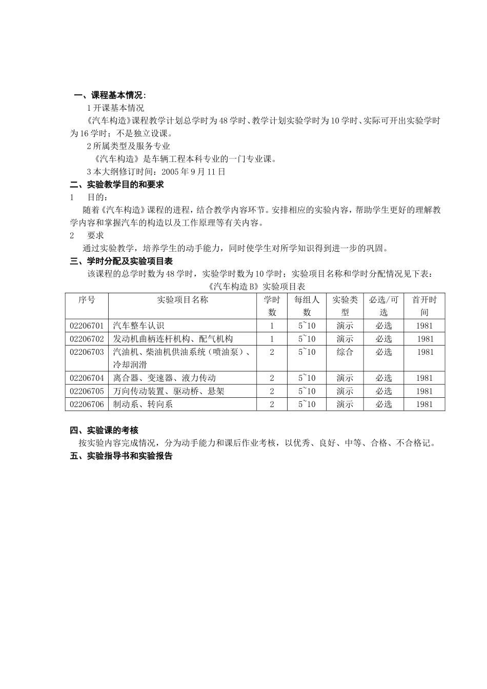 《汽车构造》课程实验教学大纲_第1页