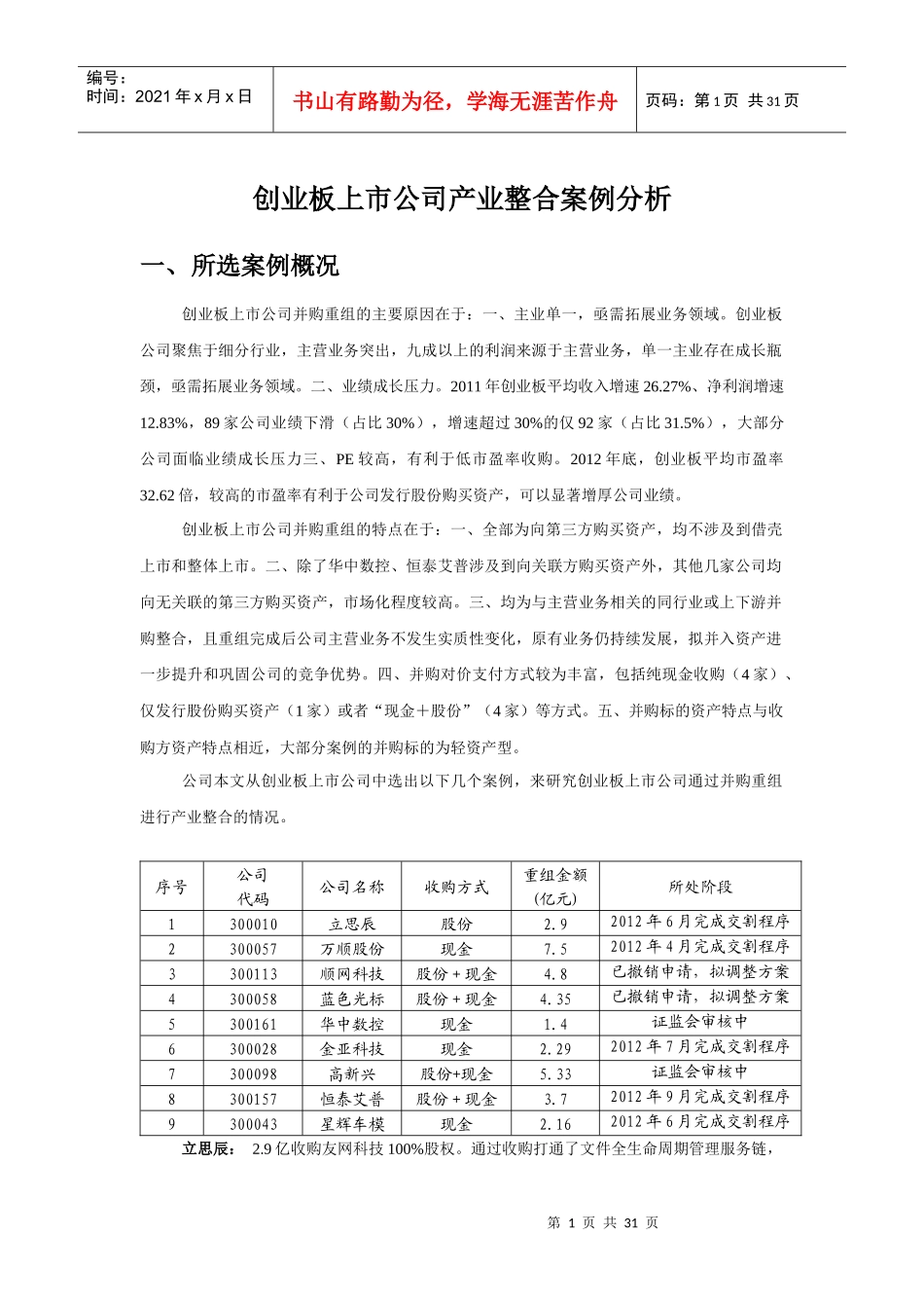 创业板上市公司产业整合案例分析(恢复)_第1页