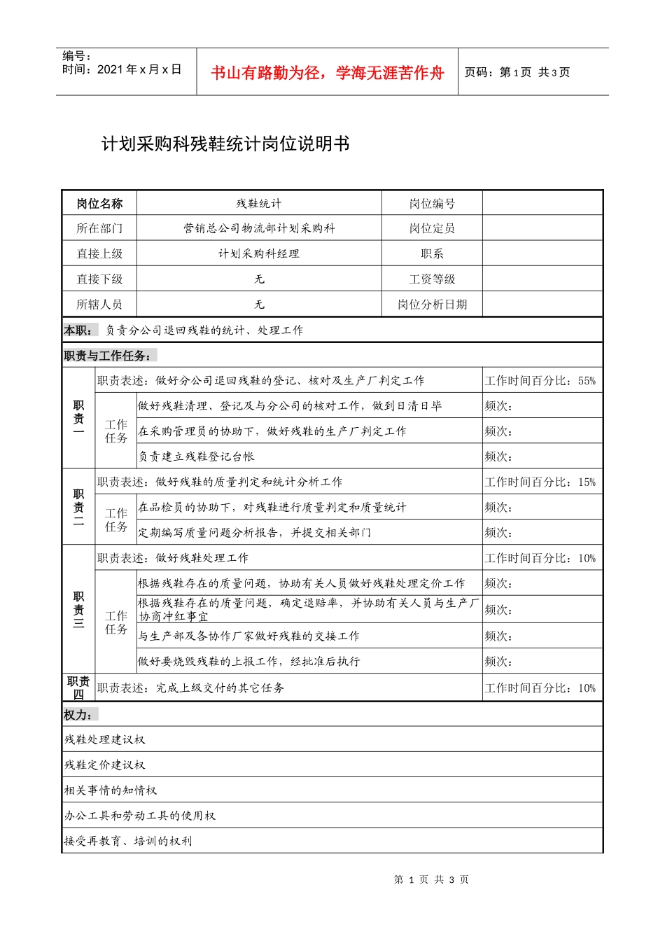 制鞋企业计划采购科残鞋统计岗位说明书_第1页