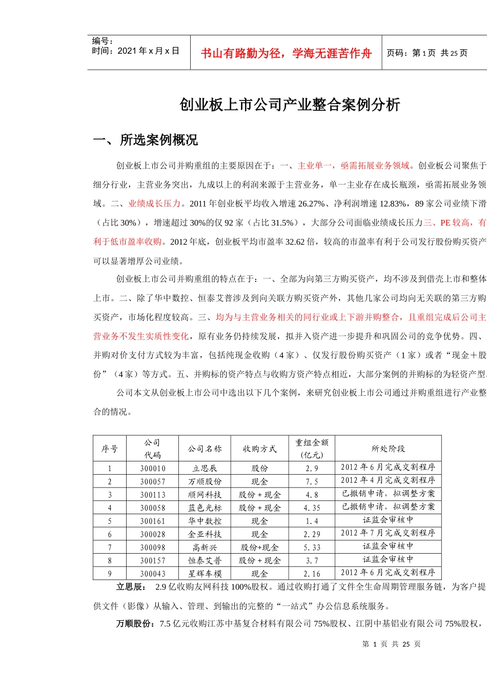 创业板上市公司产业整合案例分析(DOCX 24页)_第1页