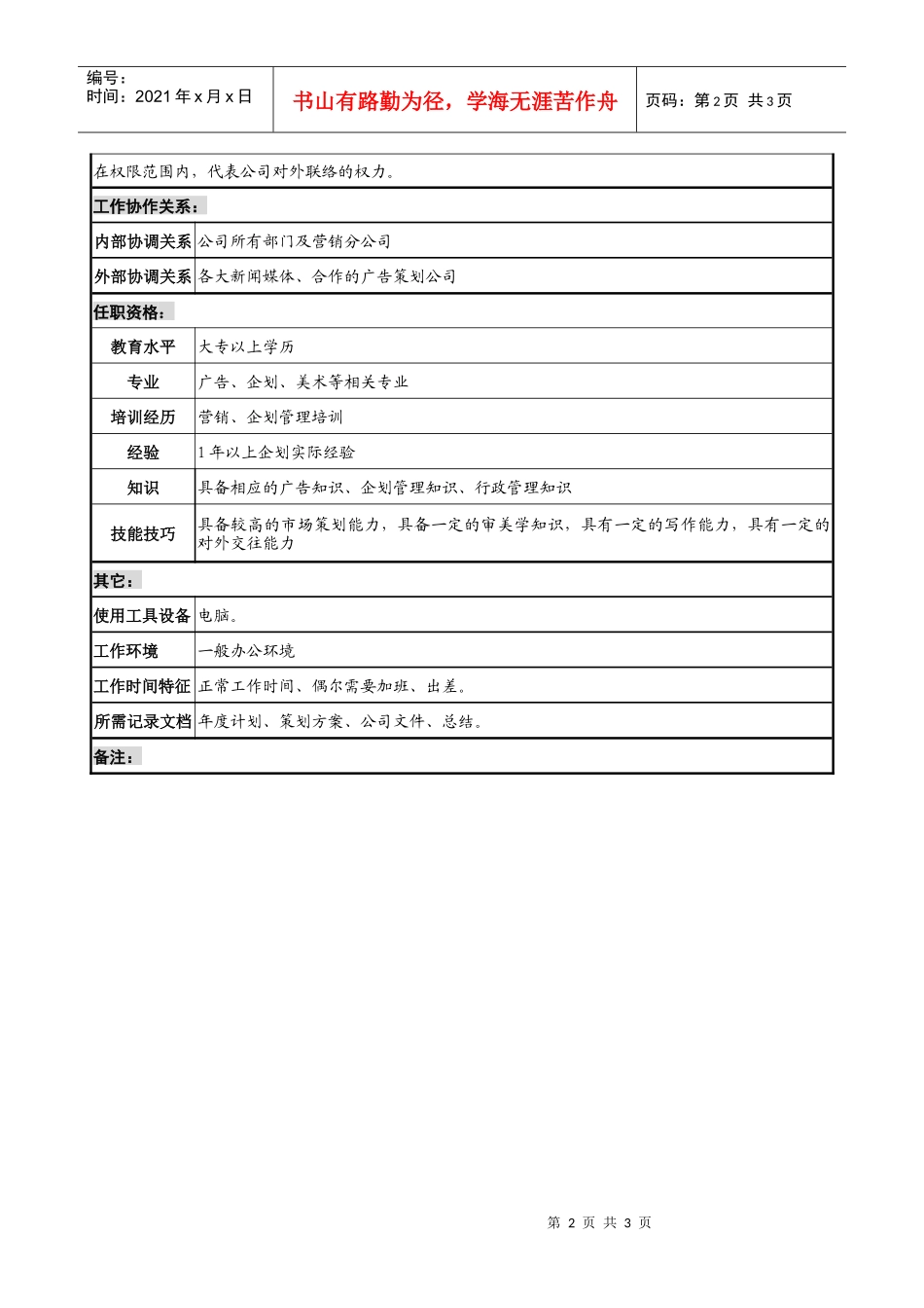 制鞋企业总裁办公室企划员岗位说明书_第2页