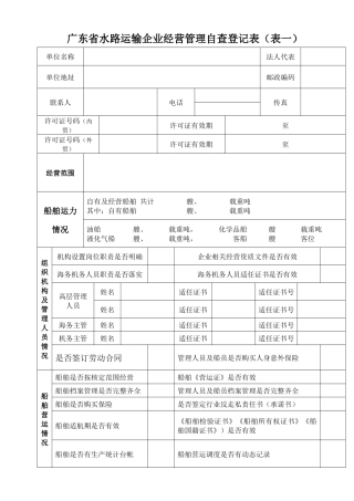 广东省水路运输企业经营管理自查登记表(表一)