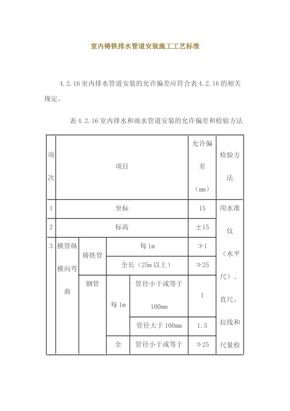 室内铸铁排水管道安装施工工艺标准_第1页