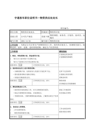 宇通客车职位说明书—物资供应处处长