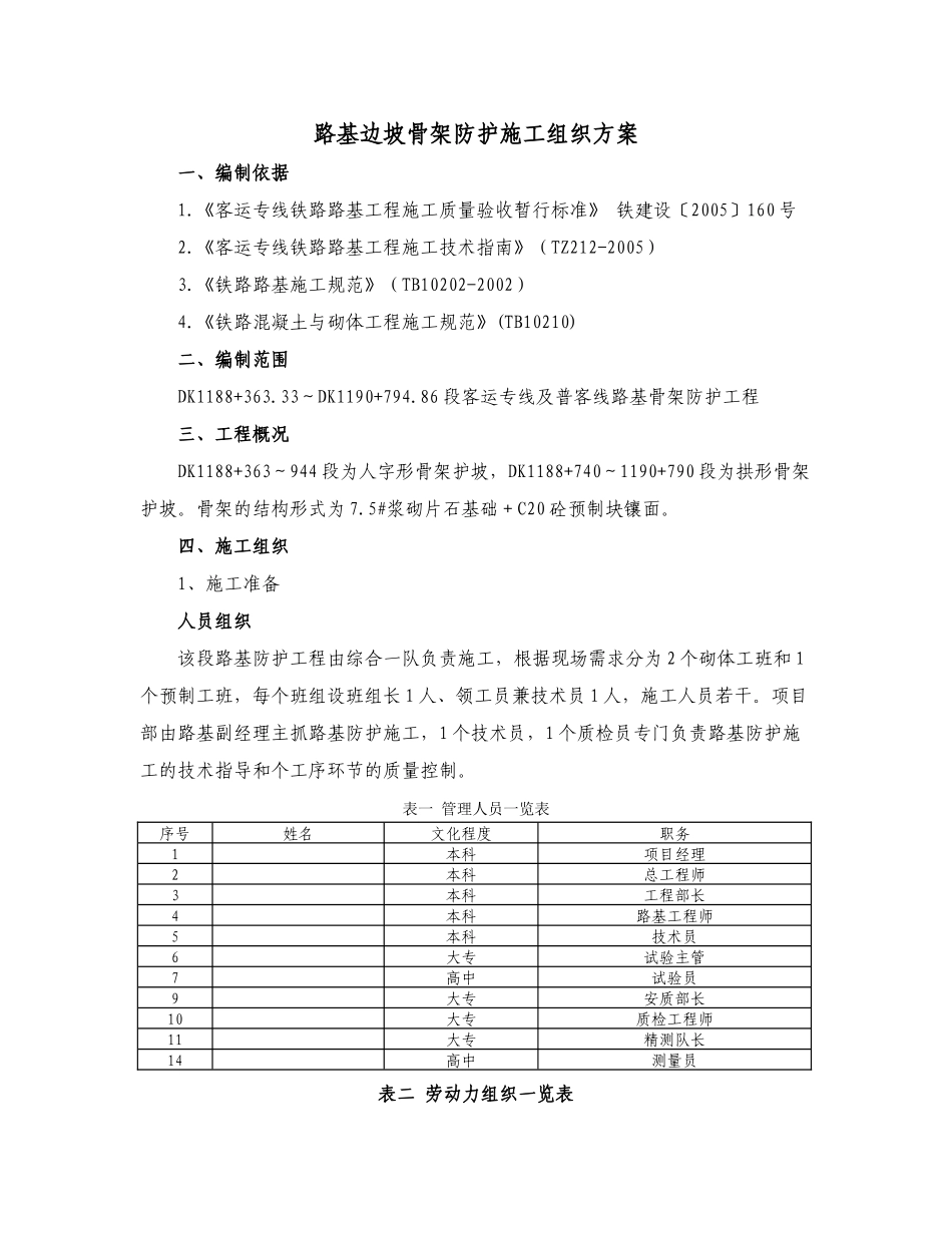 客运铁路专线路基边坡骨架防护施工组织方案(9页)_第1页