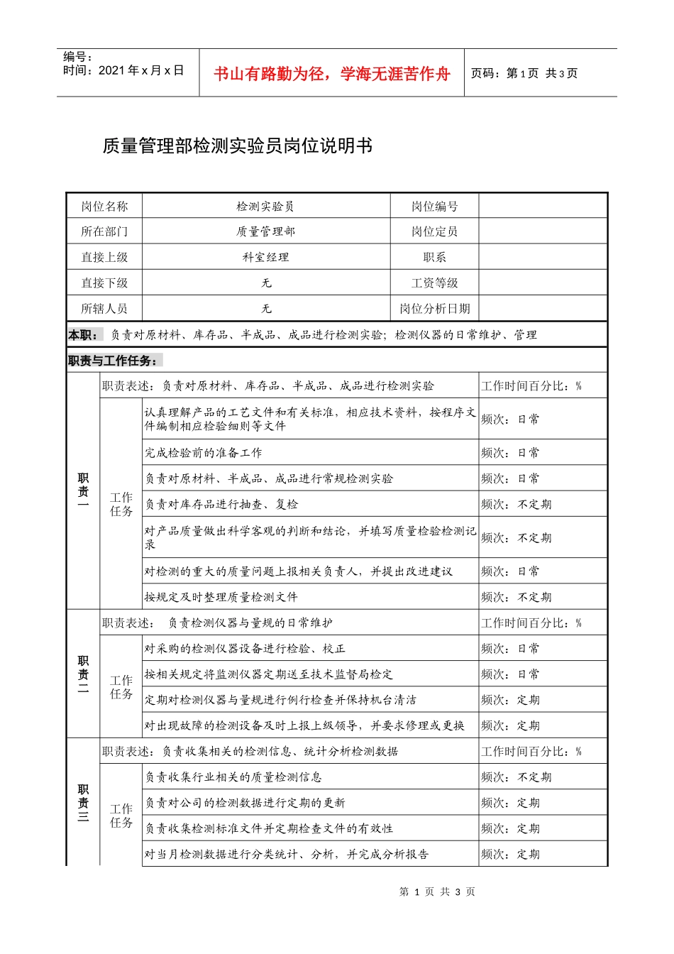 制鞋企业质量管理部检测实验员岗位说明书_第1页