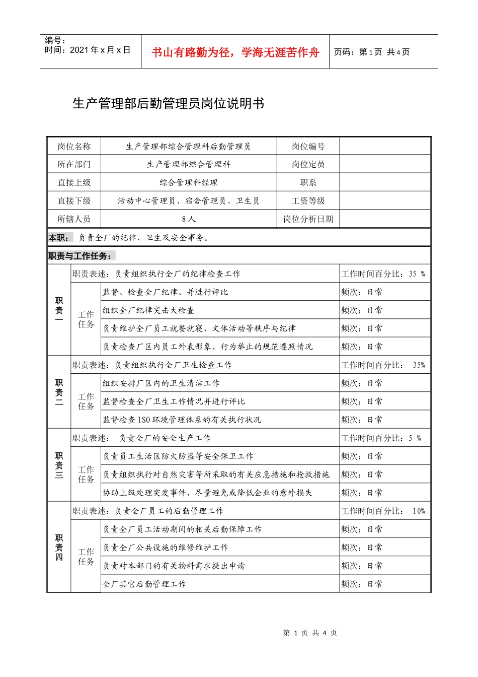 制鞋企业生产管理部后勤管理员-岗位职责说明书_第1页