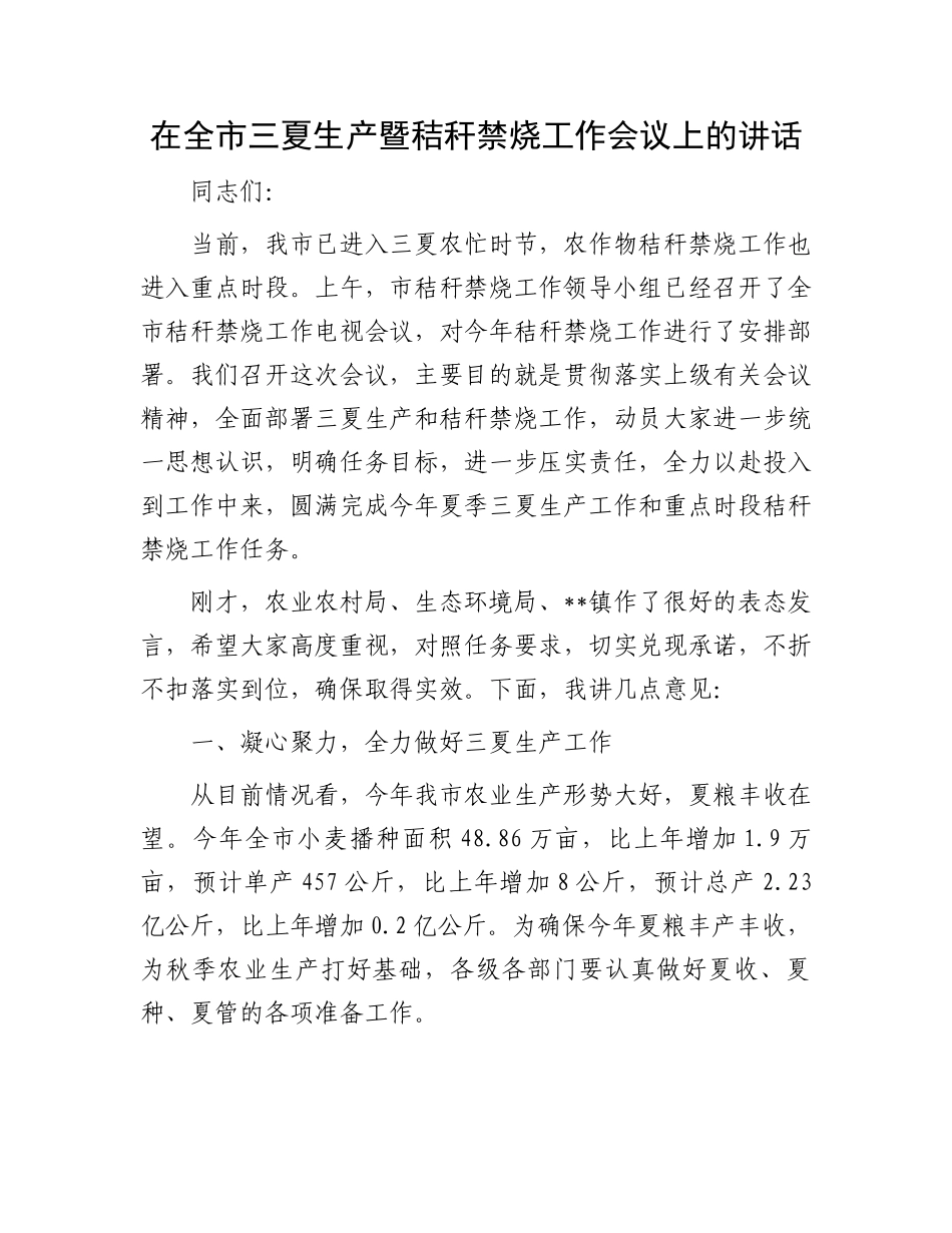 在全市三夏生产暨秸秆禁烧工作会议上的讲话_第1页