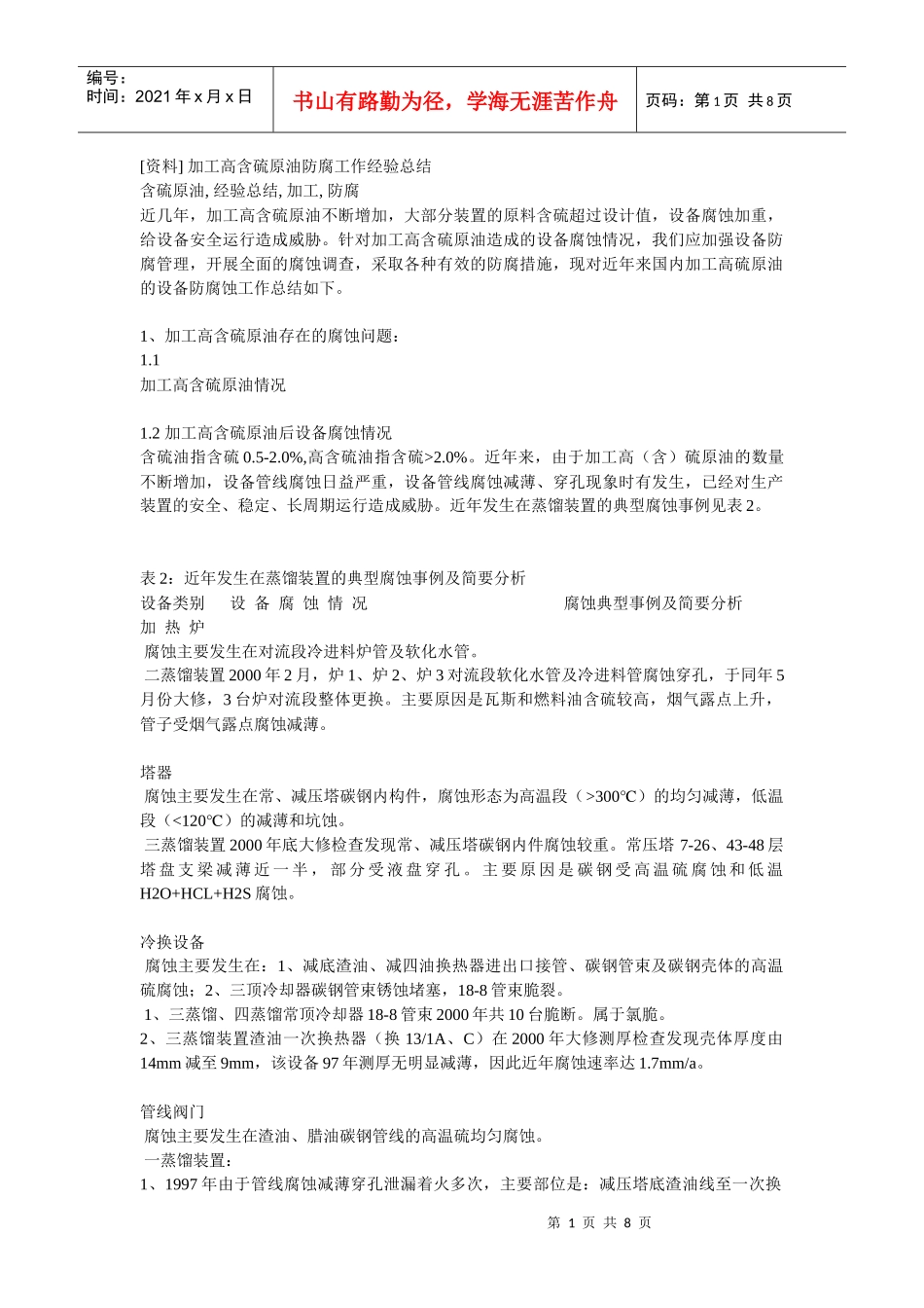 加工高含硫原油防腐工作经验总结_第1页