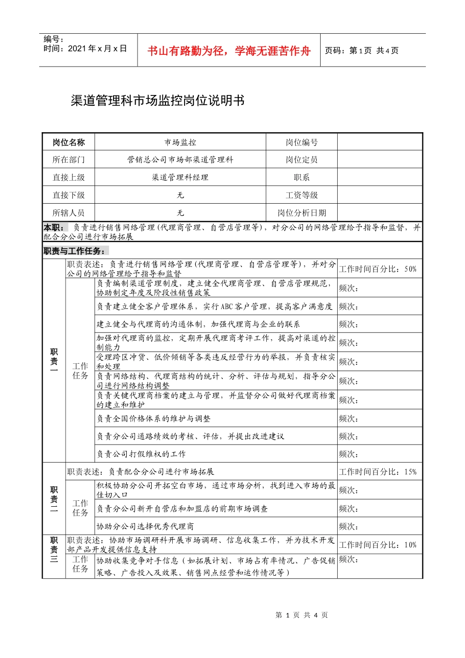 制鞋企业渠道管理科市场监控岗位说明书_第1页