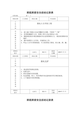 班组班前安全活动记录表