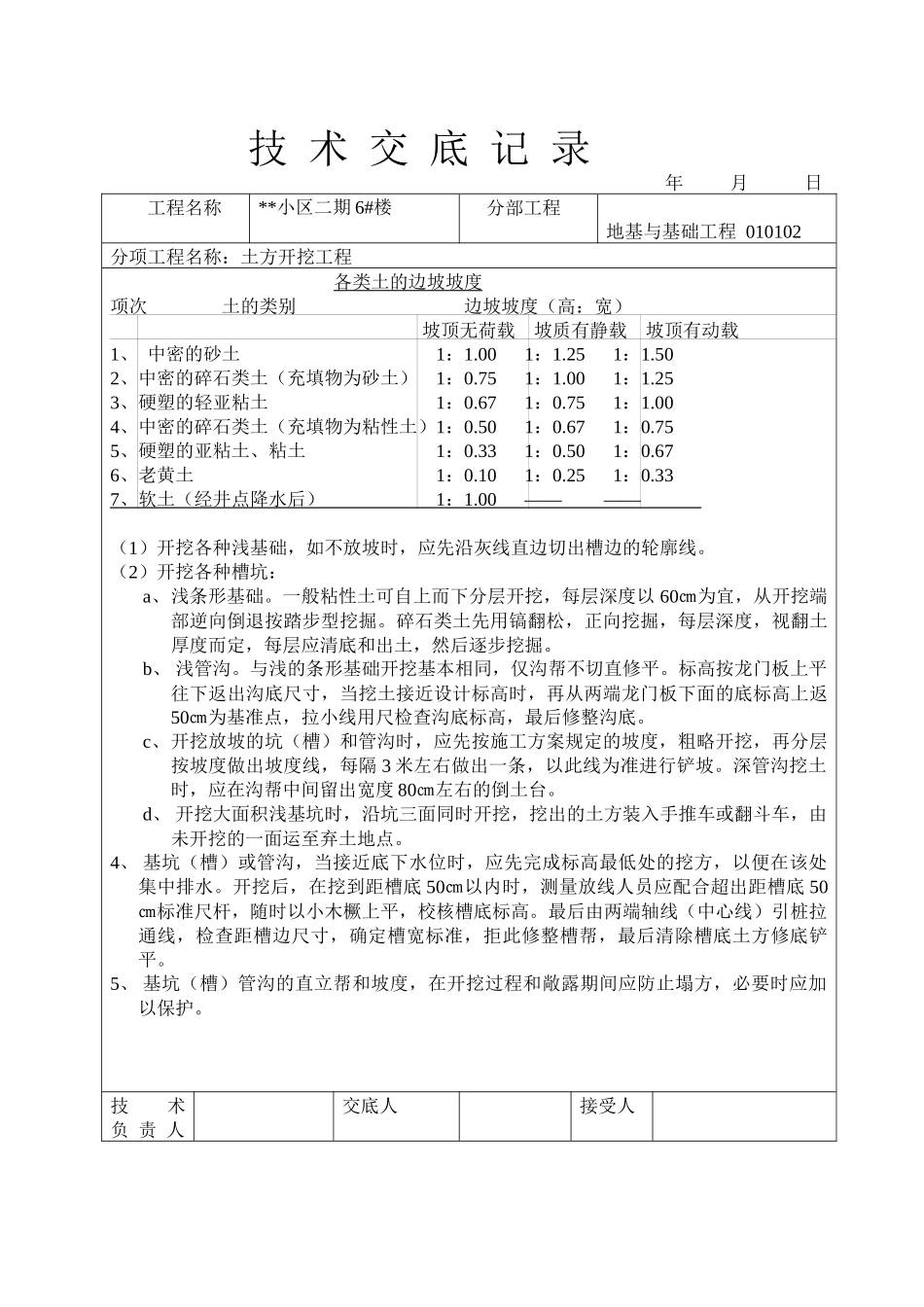 小区二期6#楼地基与基础工程土方开挖工程技术交底记录_第2页