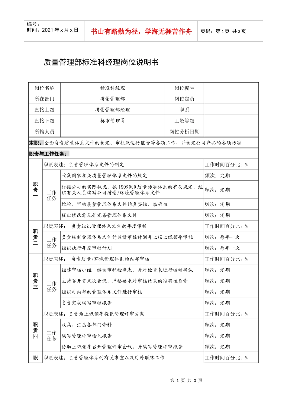 制鞋企业质量管理部标准科经理岗位说明书_第1页