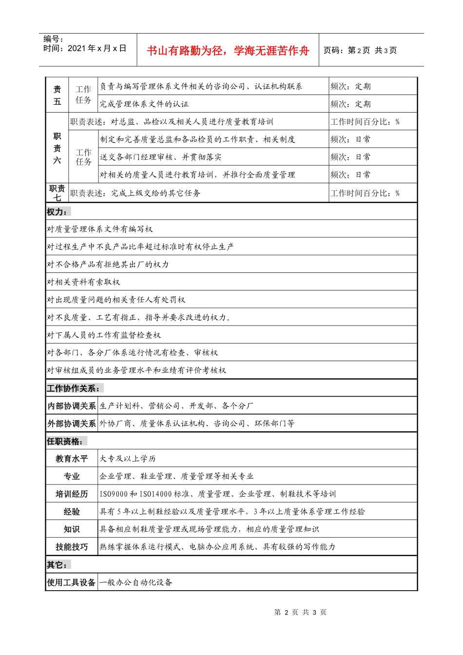 制鞋企业质量管理部标准科经理岗位说明书_第2页