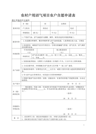 农村户用沼气项目农户自愿申请表