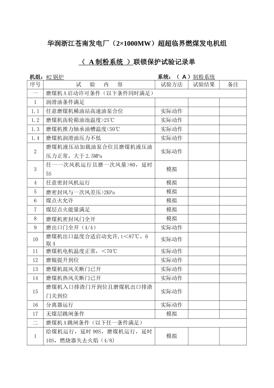 华润电力(温州)有限公司2号机炉侧逻辑保护试验单_第1页