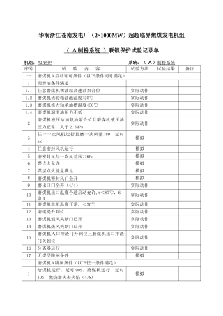 华润电力(温州)有限公司2号机炉侧逻辑保护试验单