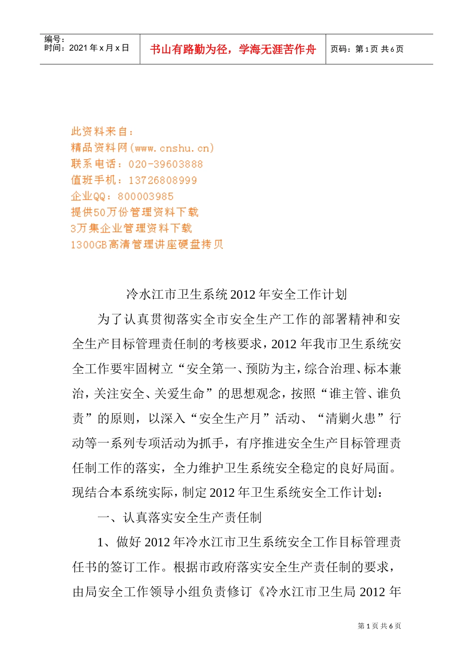 冷水江市卫生系统年度安全工作计划_第1页