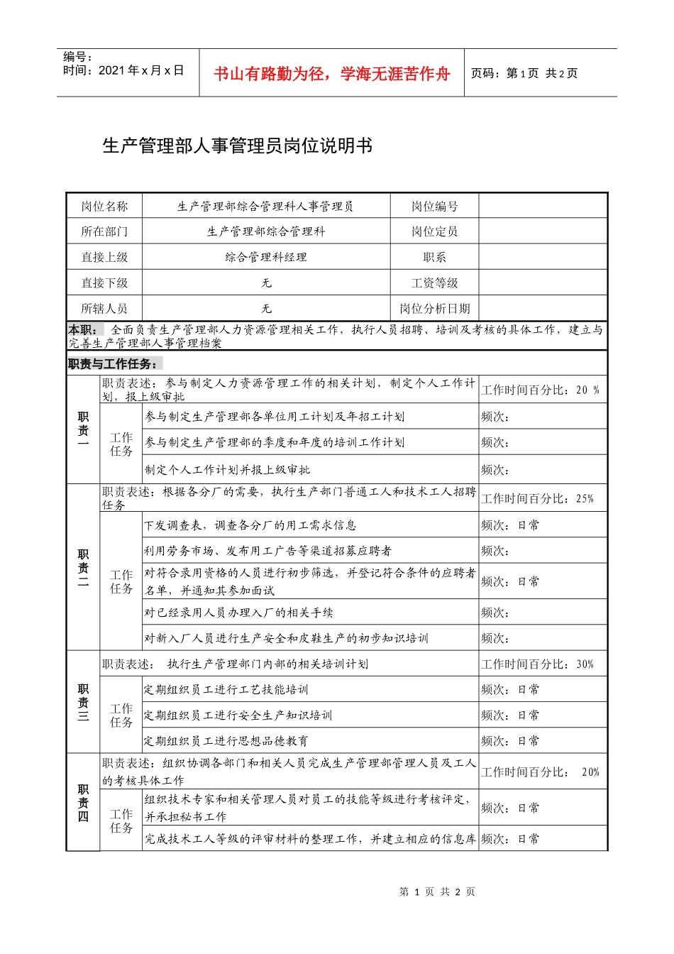 制鞋企业生产管理部人事管理员岗位说明书._第1页