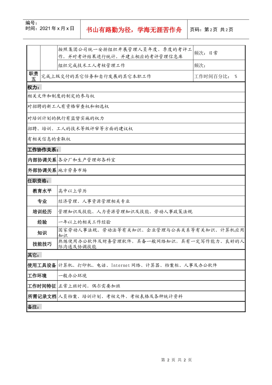 制鞋企业生产管理部人事管理员岗位说明书._第2页