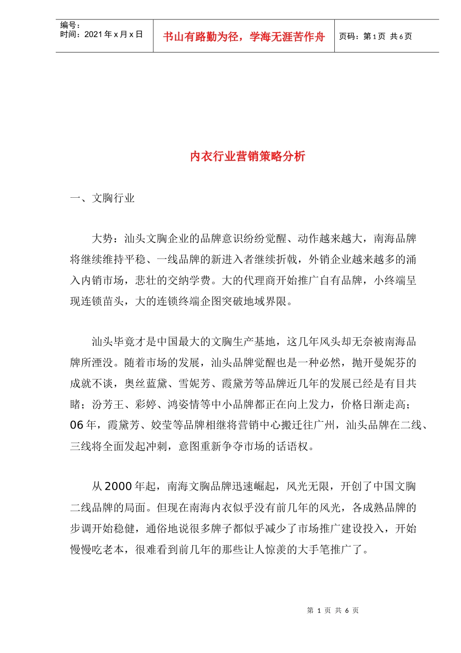 内衣行业营销策略分析_第1页