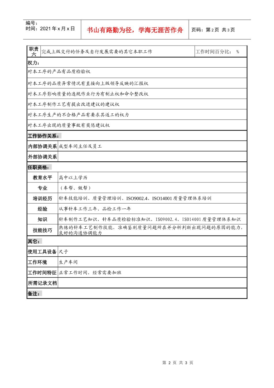 制鞋企业质量管理部针车品检员岗位说明书_第2页