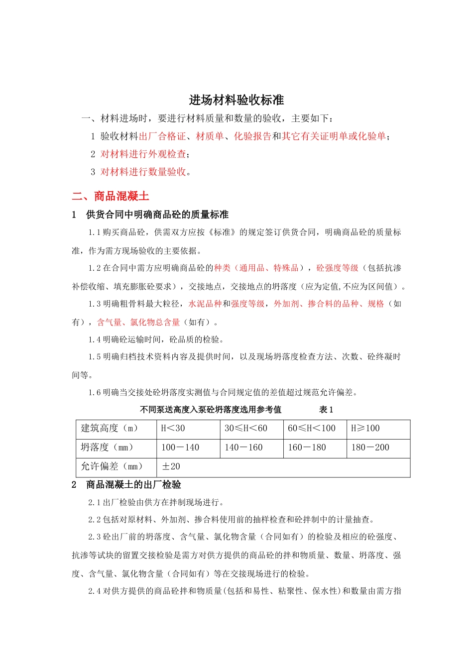 建筑材料标准(土建、装修)进场材料验收标准XXXX1212_第1页