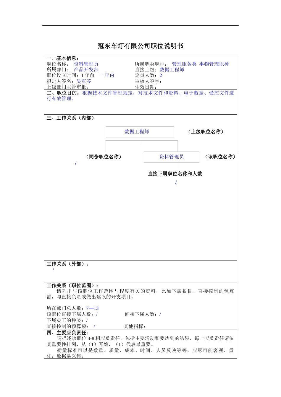 冠东车灯公司产品开发部资料管理员职位说明书_第1页